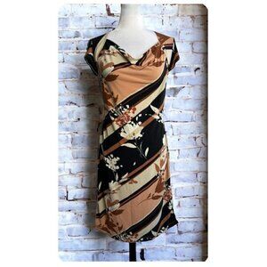 BCBGMaxazria Dress Abstract Floral Pullover Cowl Neck Cap Sleeves Women's Sz M